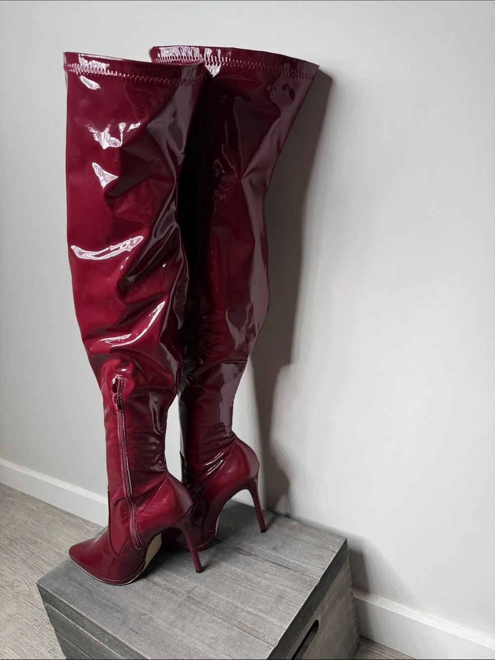 Shoe Dazzle Patent Over-The-Knee Stiletto Boots in Burgundy